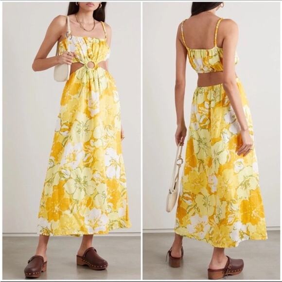 Faithfull The Brand El Rio 100% Linen Yellow Floral Cutout A Line Maxi Dress 6 - Picture 1 of 7